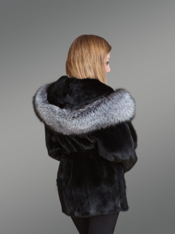 Mink Fur Coat With Silver Fox Fur Hood And Lapels - Image 4