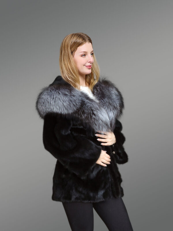 Mink Fur Coat With Silver Fox Fur Hood And Lapels - Image 2