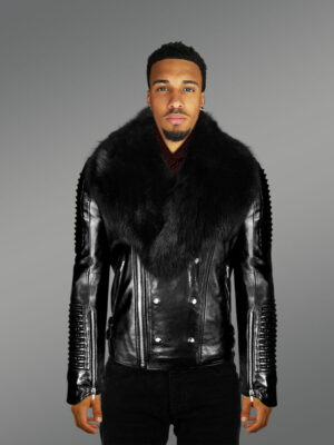 Classy Black Motorcycle Leather Jacket with Fox Fur Collar