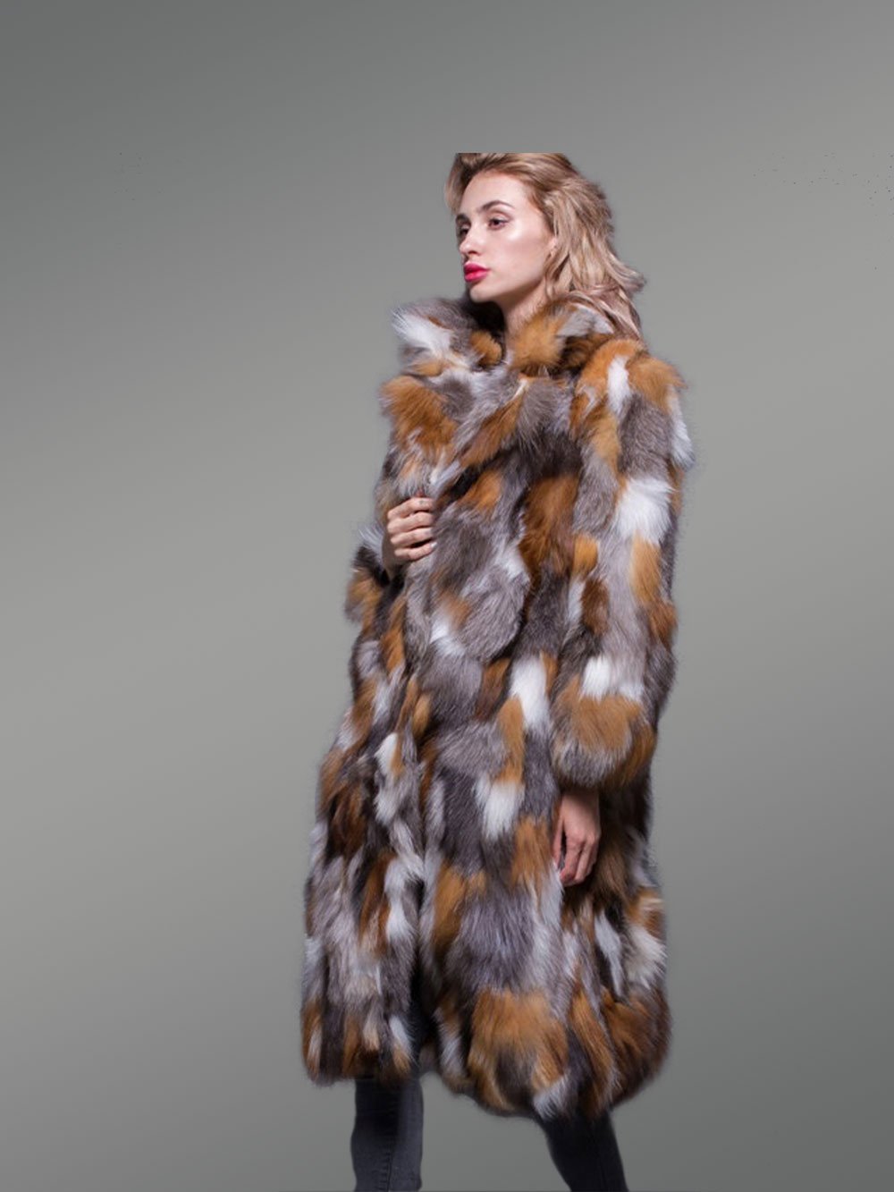 Multicolor Fox Fur Long Coat for Women - Image 4