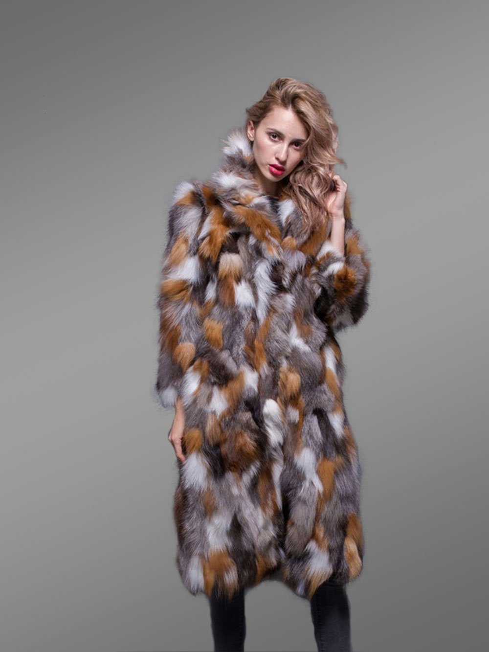 Multicolor Fox Fur Long Coat for Women - Image 3