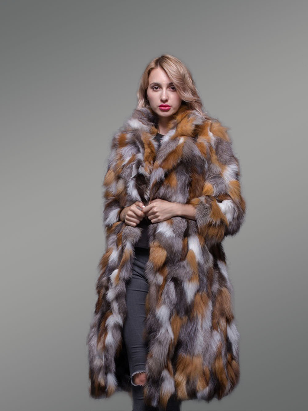 Multicolor Fox Fur Long Coat for Women