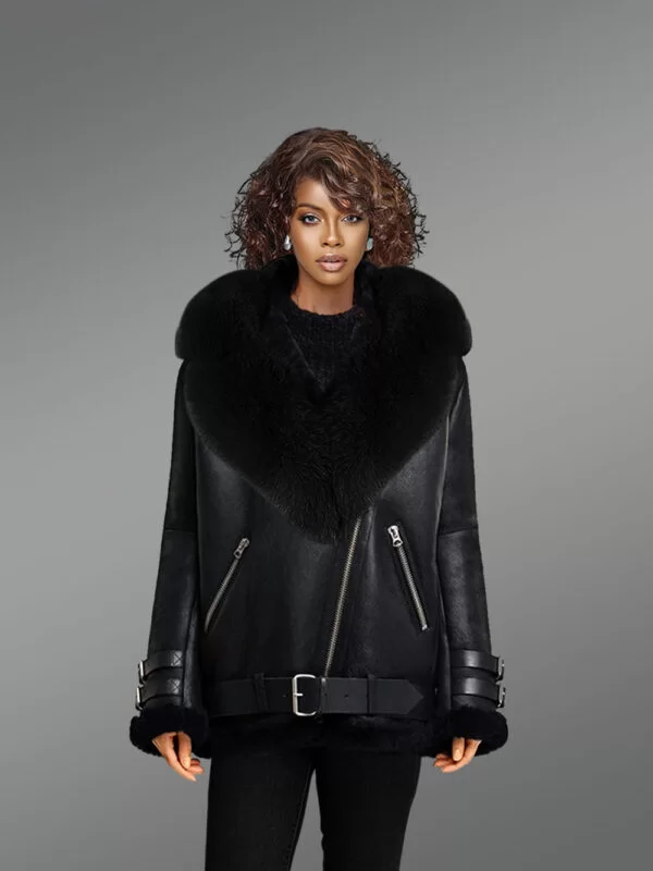 Nappa Finish Black Shearling Jacket with Black Fox Fur Detailing - Image 3