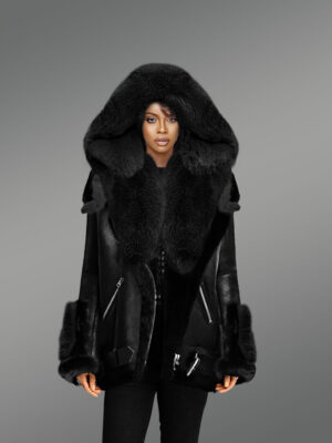 Nappa Finish Black Shearling Jacket with Black Fox Fur Detailing