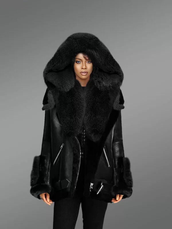 Nappa Finish Black Shearling Jacket with Black Fox Fur Detailing