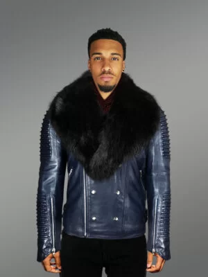 Navy Blue Biker Jacket with Black Fox Fur Collar