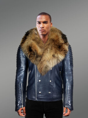 Navy Blue Leather Jacket with Fur Collar for Men