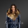 Navy Moto Leather Jackets for Women with Detachable Raccoon Fur Collar