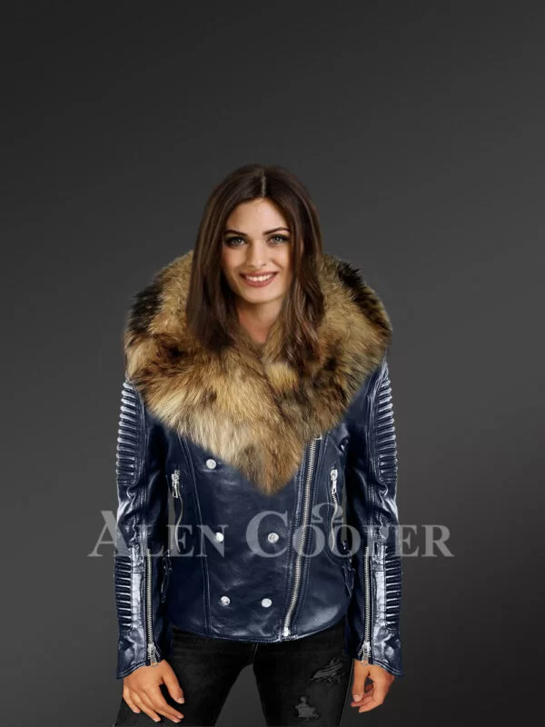 Navy Moto Leather Jackets for Women with Detachable Raccoon Fur Collar