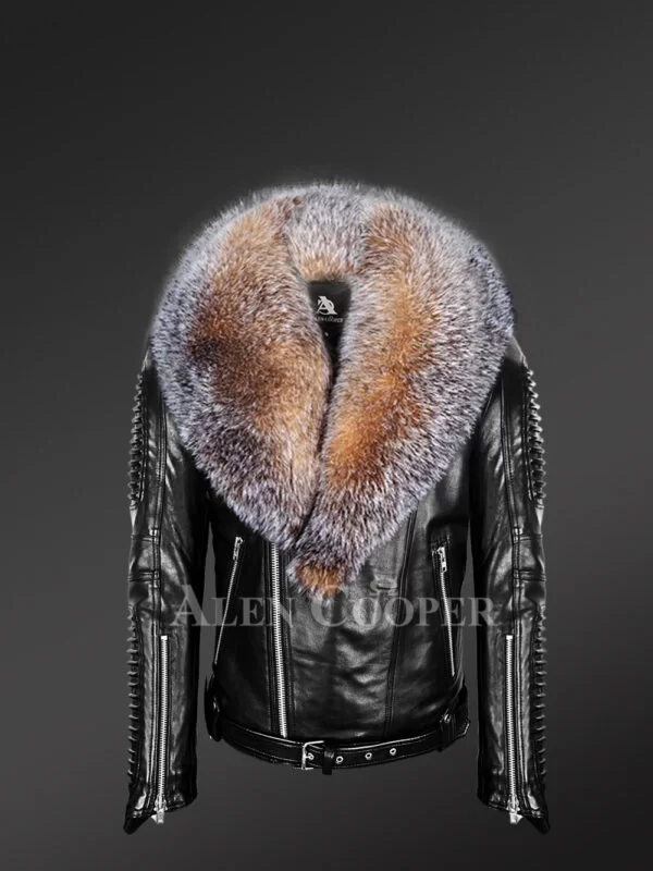 Plush Leather Jackets for men with Crystal Fox Fur Collar
