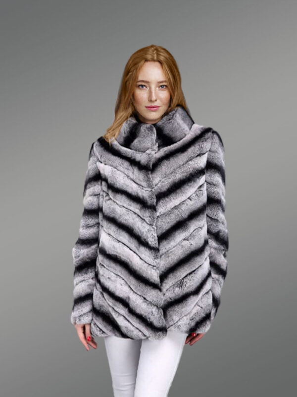 Over Sized High Neck Real Rabbit Fur Winter Outerwear in Grey - Image 2