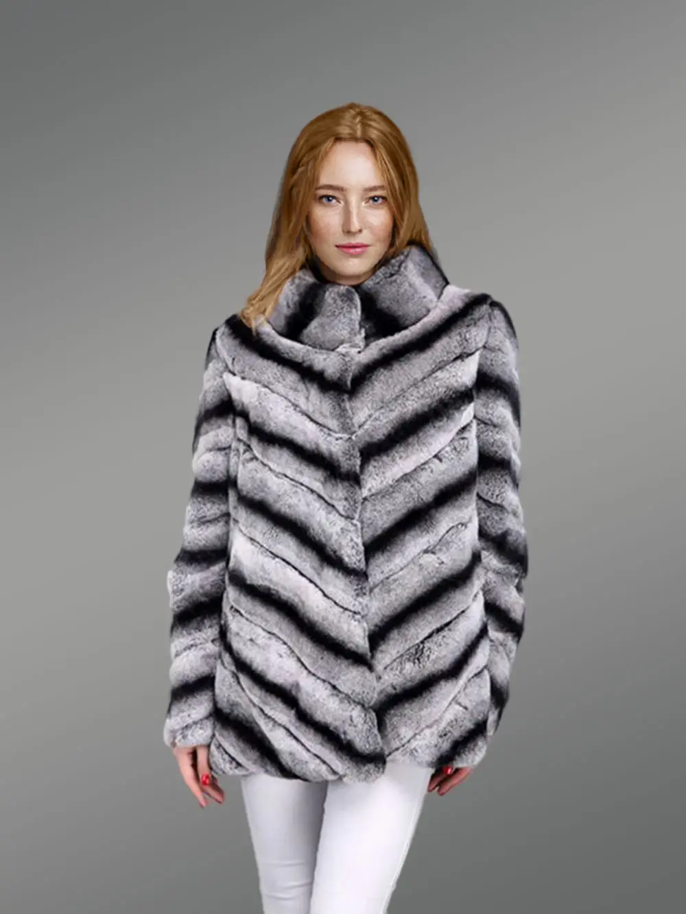 Over Sized High Neck Real Rabbit Fur Winter Outerwear in Grey - Image 2