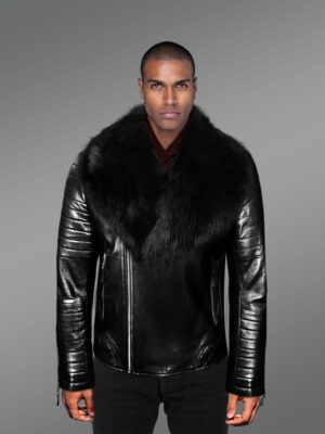 Super Stylish Real Leather Black Biker Jacket with Black Fox Fur