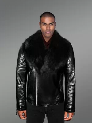 Super Stylish Real Leather Black Biker Jacket with Black Fox Fur