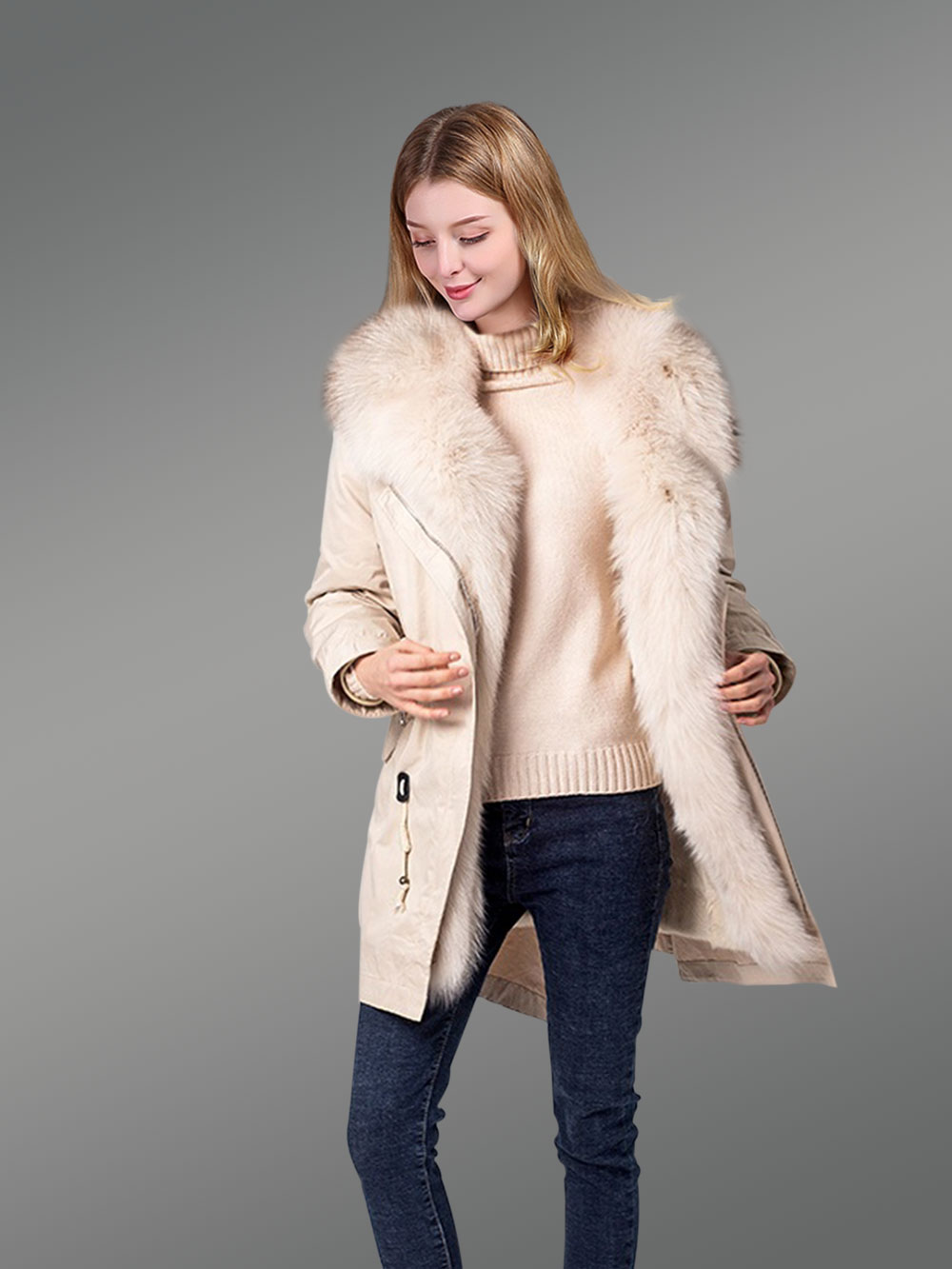 Real Raccoon Fur Collar Mid-Length Warm Winter Parka for Women