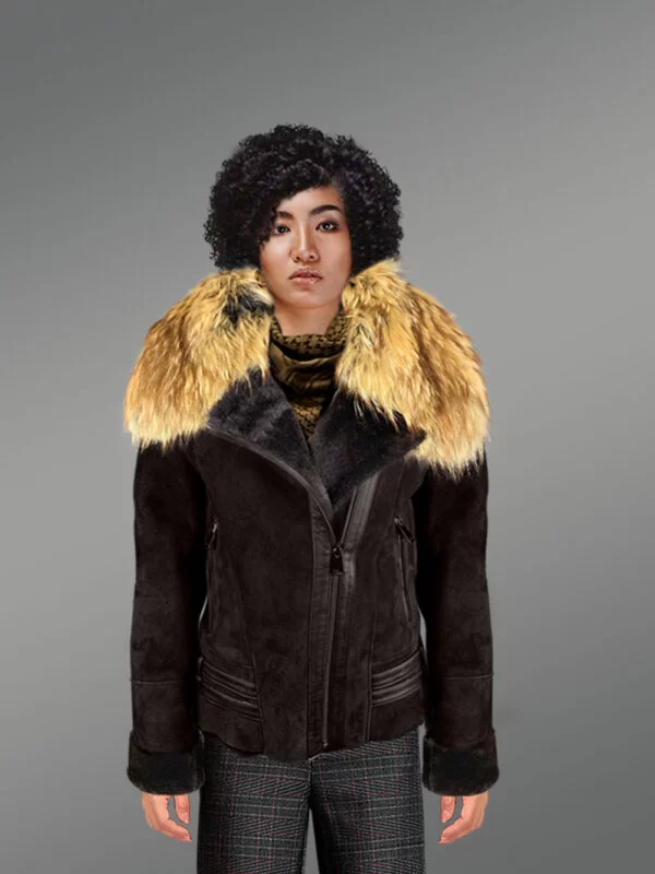 Real Shearling Jacket with Stylish Raccoon Fur Collar - Image 2