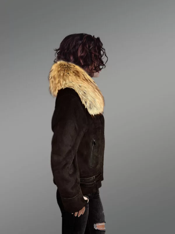 Real Shearling Jacket with Stylish Raccoon Fur Collar - Image 4