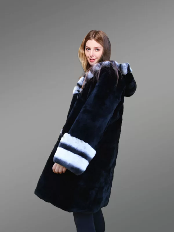 Womens Rex Rabbit Fur Coat with Hood - Image 5