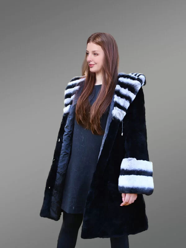 Womens Rex Rabbit Fur Coat with Hood - Image 4