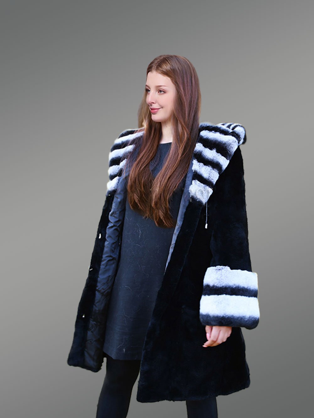 Womens Rex Rabbit Fur Coat with Hood - Image 4
