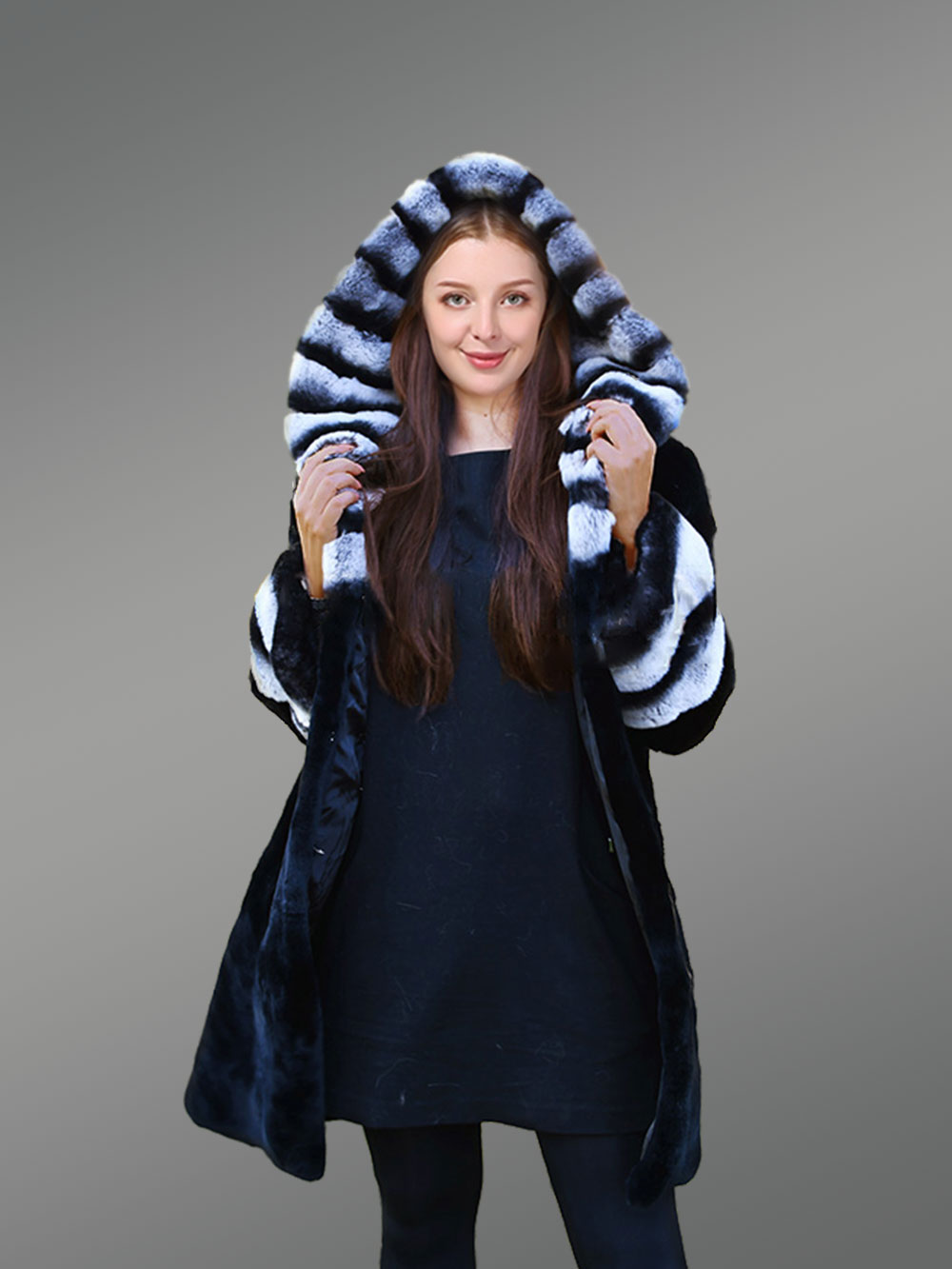 Womens Rex Rabbit Fur Coat with Hood