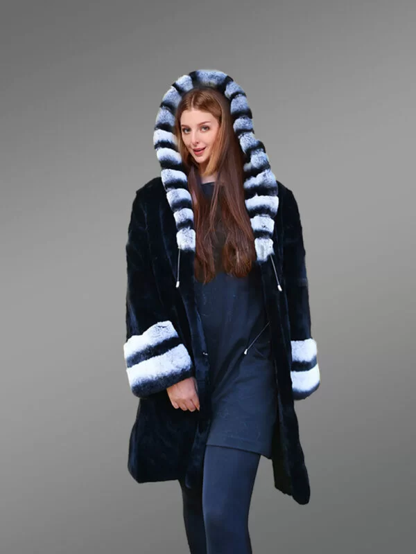 Womens Rex Rabbit Fur Coat with Hood - Image 3