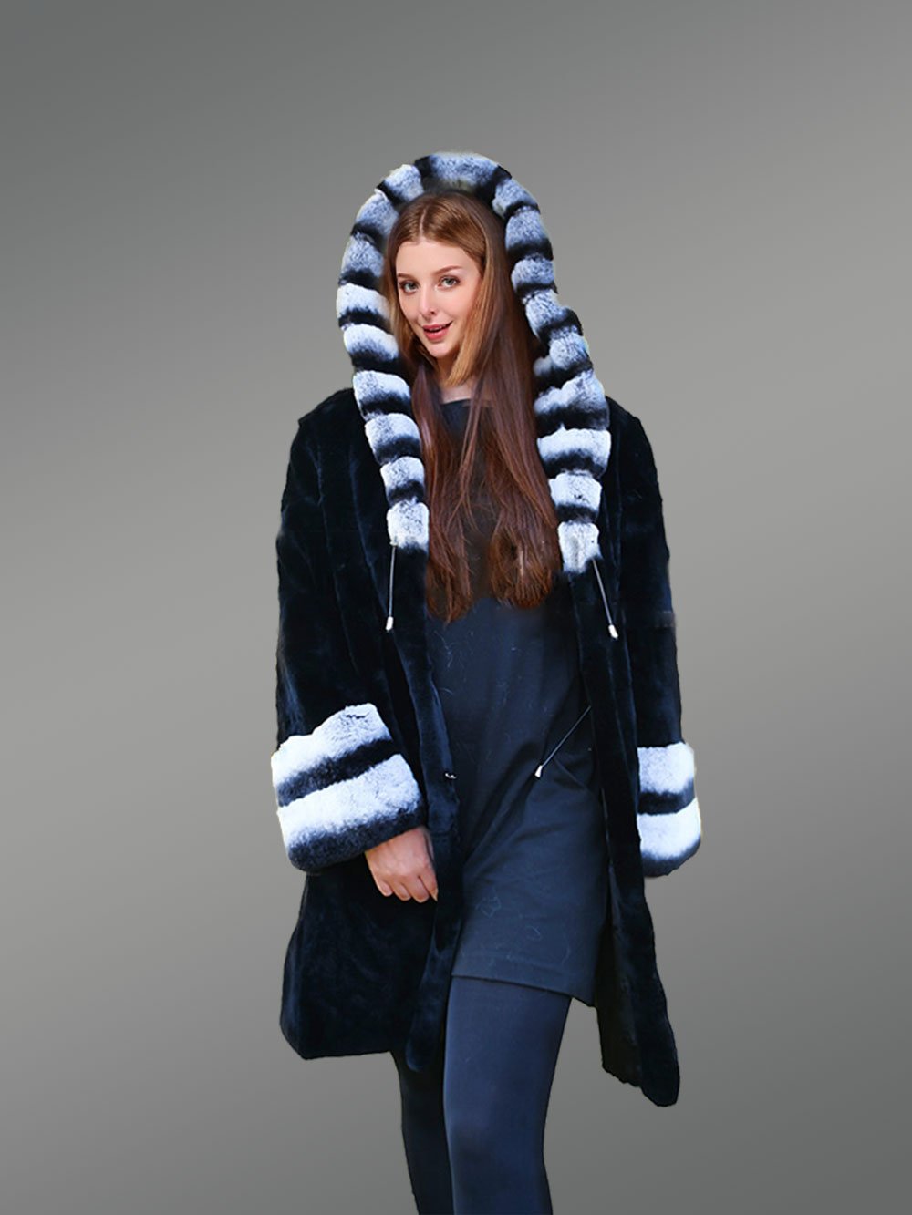 Womens Rex Rabbit Fur Coat with Hood - Image 3