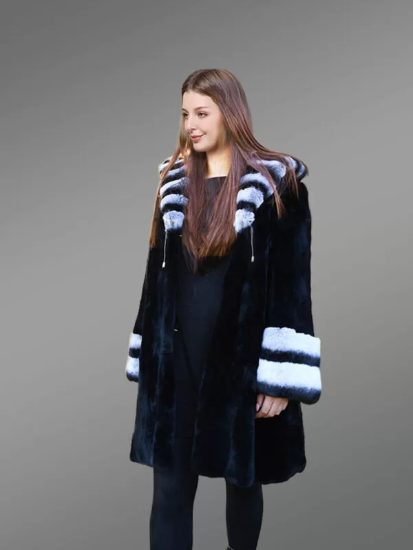 Womens Rex Rabbit Fur Coat with Hood - Image 2