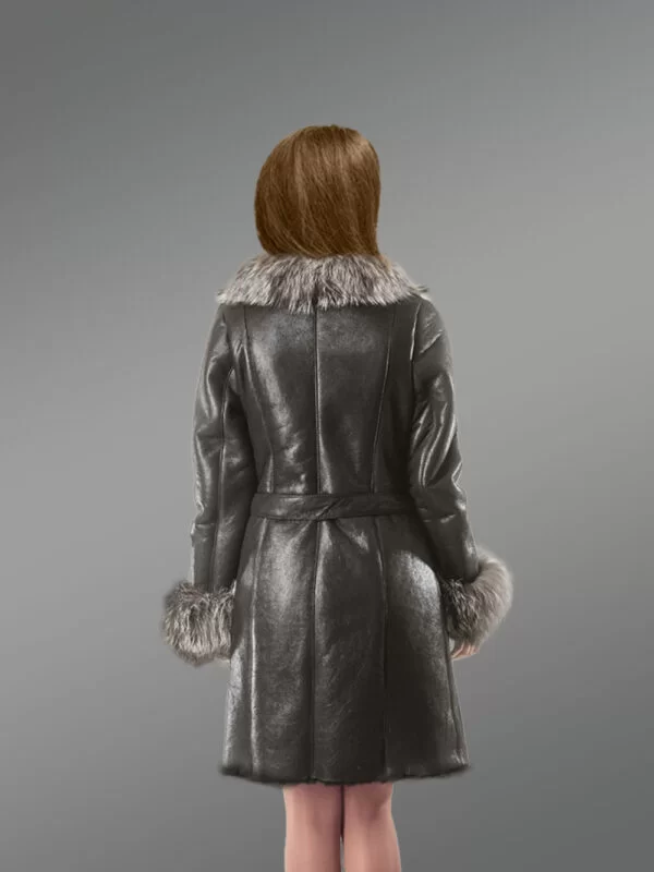 Shearling Length Coat with Silver Fox Fur Collar and Cuffs in Black - Image 4