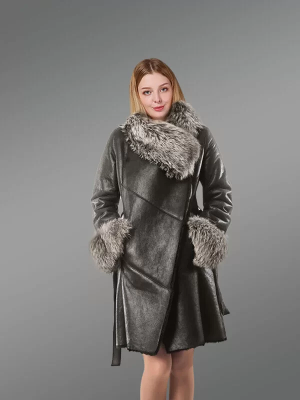 Shearling Length Coat with Silver Fox Fur Collar and Cuffs in Black - Image 3