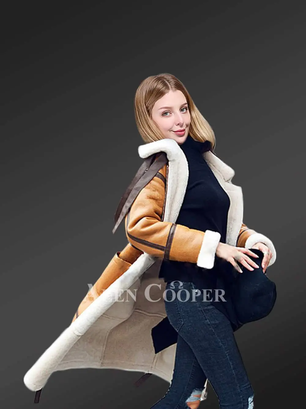 Shearling Trench Coat In Brown For Women - Image 2