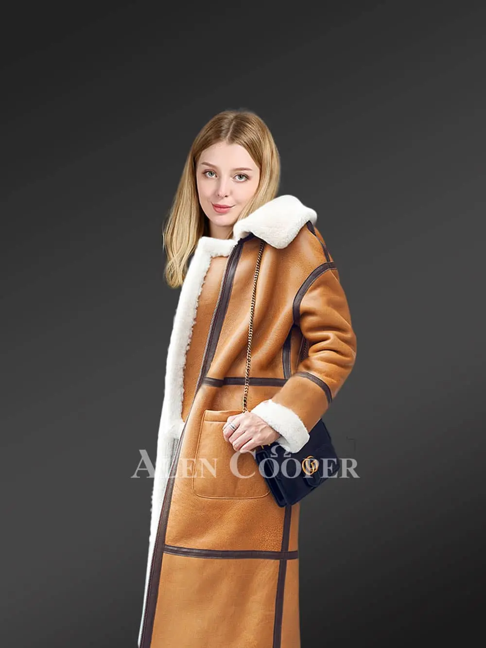 Shearling Trench Coat In Brown For Women - Image 4