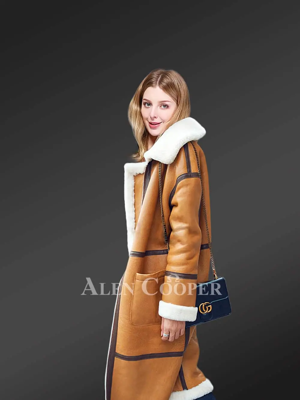 Shearling Trench Coat In Brown For Women - Image 5