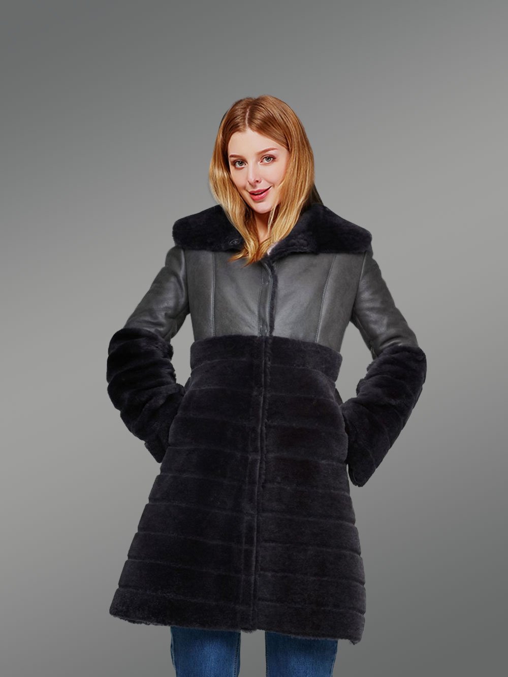 Sheepskin Coat for Women in Black with Trimmed Woollen Pattern Design - Image 3
