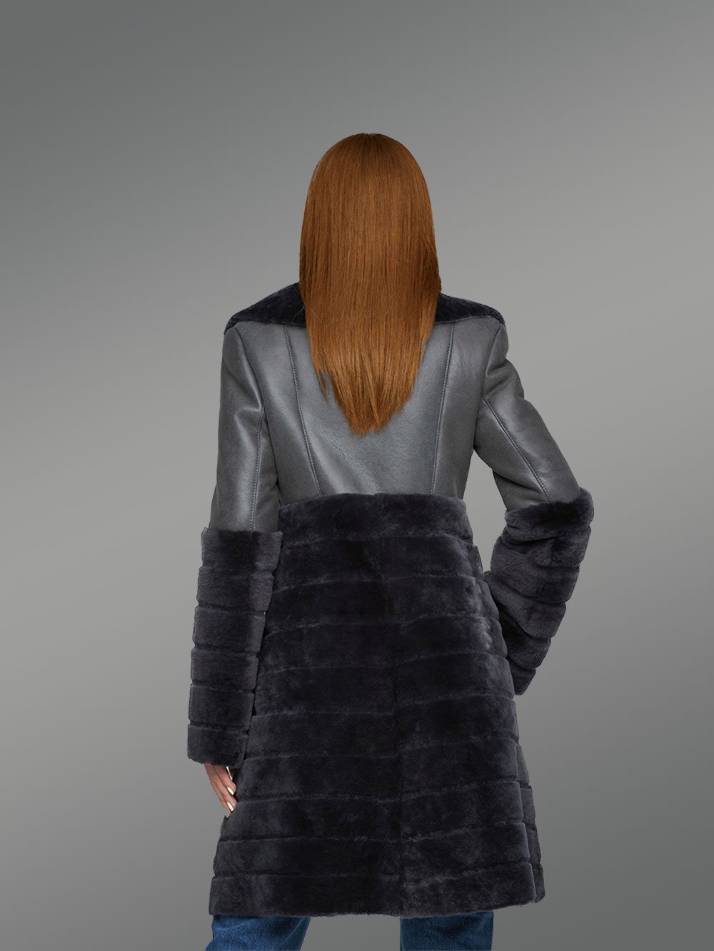 Sheepskin Coat for Women in Black with Trimmed Woollen Pattern Design - Image 4