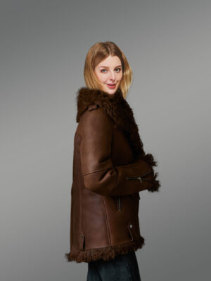 Dark Brown Sheepskin Shearling Jacket for Women