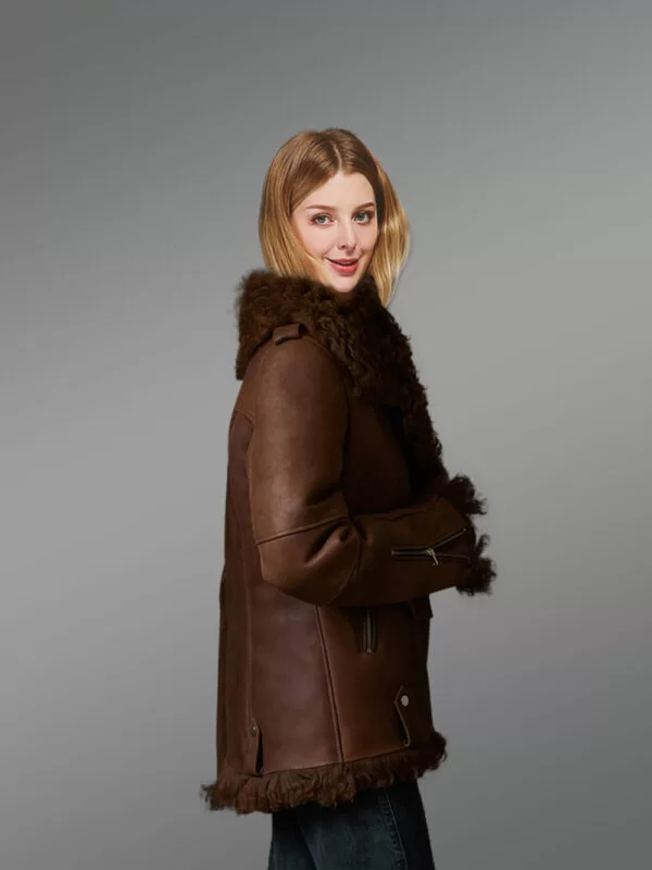Dark Brown Sheepskin Shearling Jacket for Women