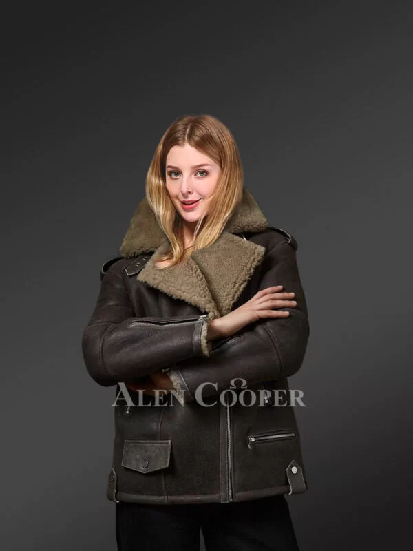 Sheepskin Shearling Jacket For Women With Olive Green Fur
