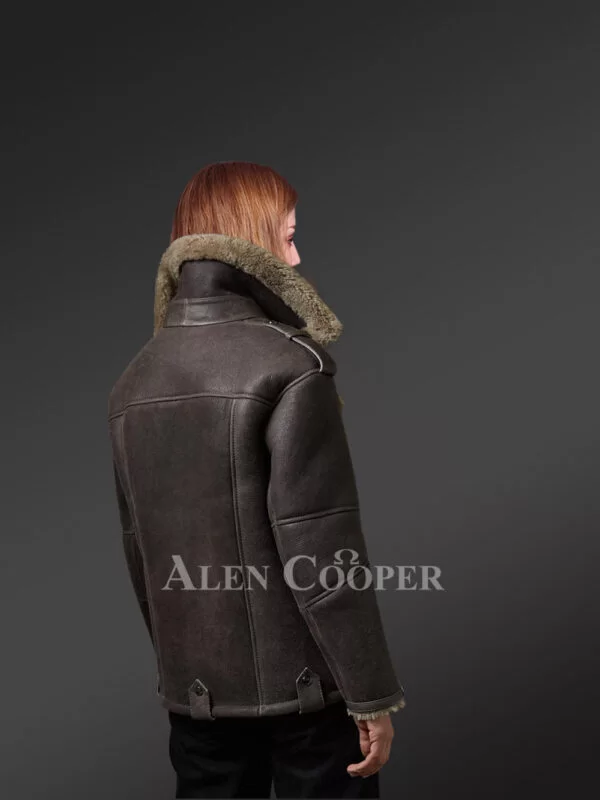 Sheepskin Shearling Jacket for Women with Olive Green Fur - Image 6