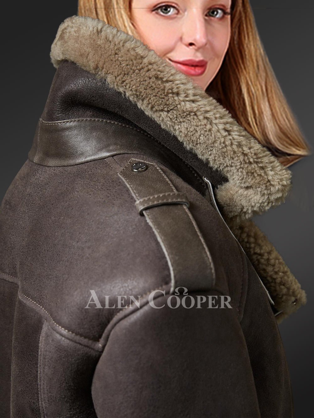 Sheepskin Shearling Jacket for Women with Olive Green Fur - Image 4