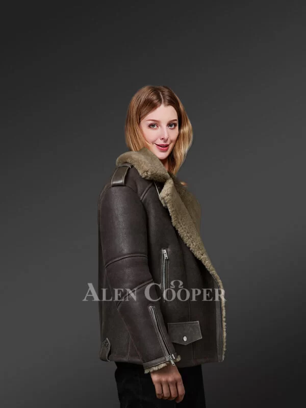 Sheepskin Shearling Jacket for Women with Olive Green Fur - Image 5