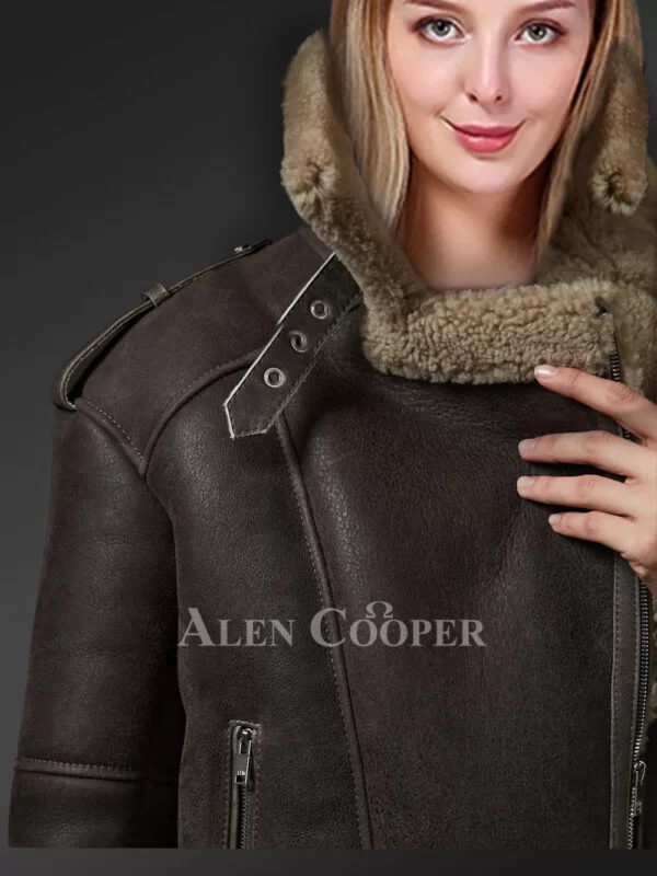 Sheepskin Shearling Jacket for Women with Olive Green Fur - Image 3