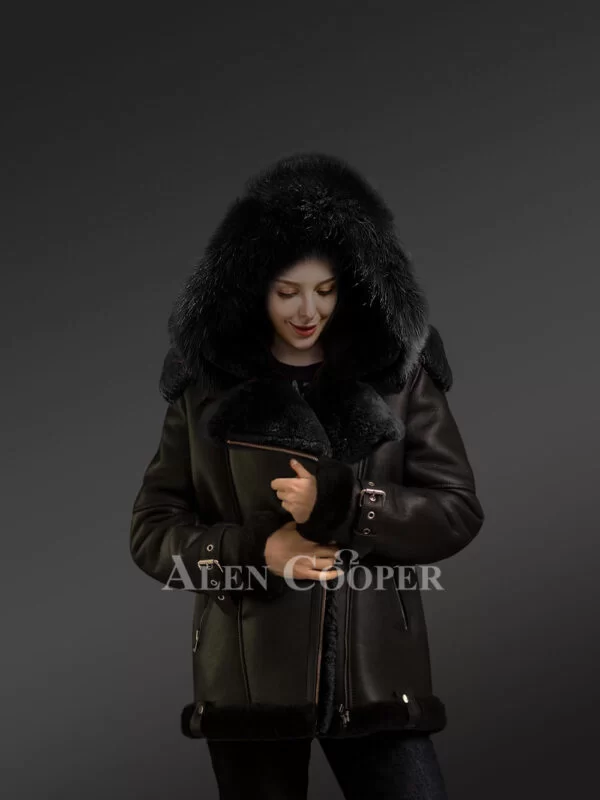 Sheepskin Shearling Jacket for Women In Cuff Belts And Hood - Image 2
