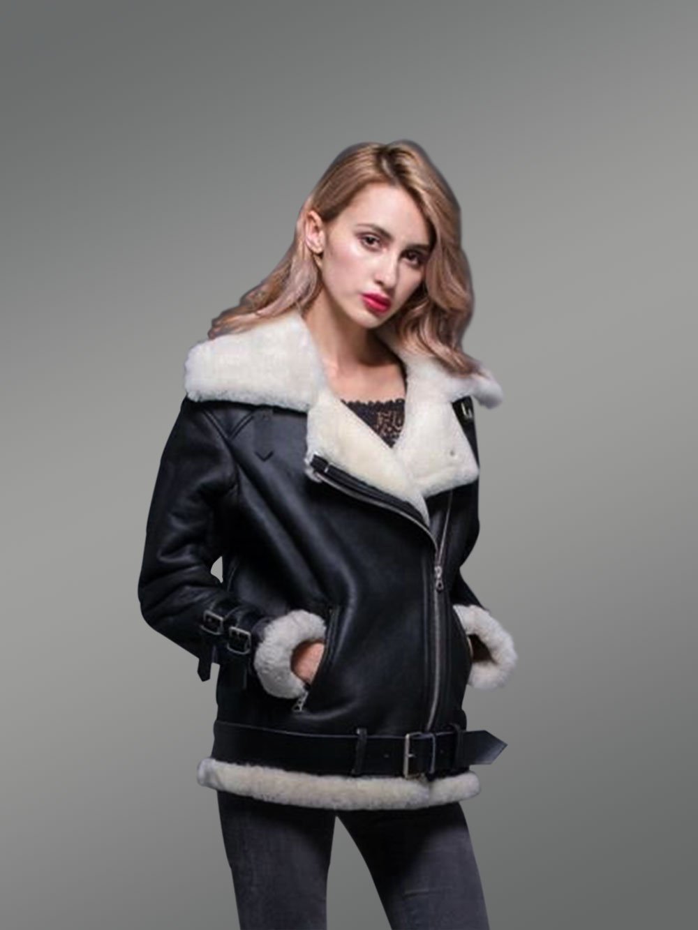 Sheepskin Shearling Jacket for Women in Nappa Black Finish - Image 3