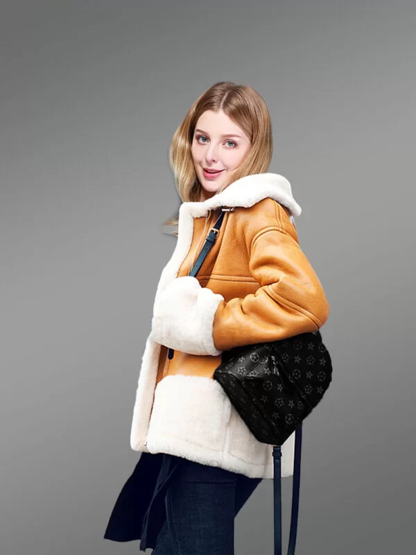 Sheepskin Shearling Jacket for Women in Light Brown - Image 4