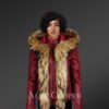 Short Length Leather Parka in Wine with Raccoon Fur Trim