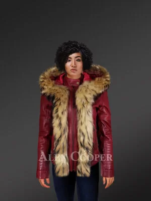 Short Length Leather Parka in Wine with Raccoon Fur Trim