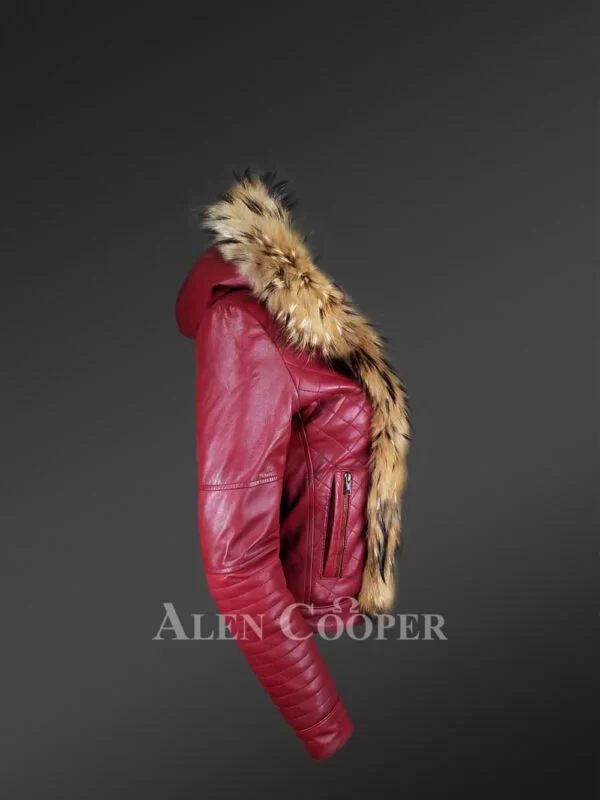Raccoon Fur Trim Leather Jacket – A Hooded Chic Warm Wear - Image 4