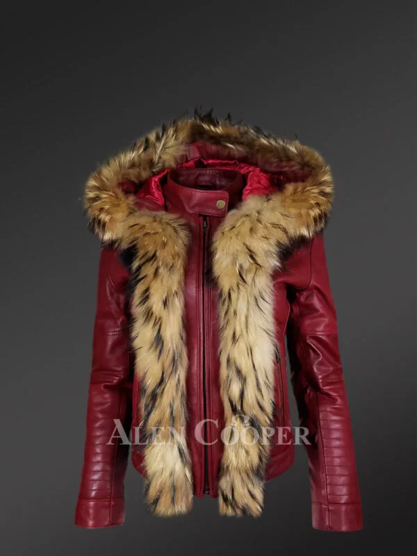 Raccoon Fur Trim Leather Jacket – A Hooded Chic Warm Wear - Image 3