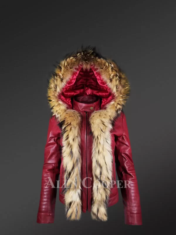 Raccoon Fur Trim Leather Jacket – A Hooded Chic Warm Wear - Image 2